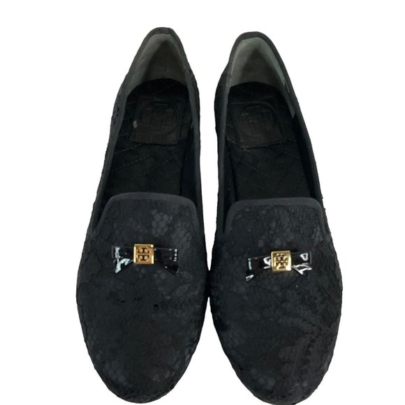 Tory Burch Shoes Womens Sz 6.5 Blk Chandra Loafer Satin + Fabric Lace Flat - Picture 4 of 16